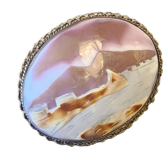 Antique Wonderful Carved Landscape Shell Brooch Pendant Sterling Marked Argentat